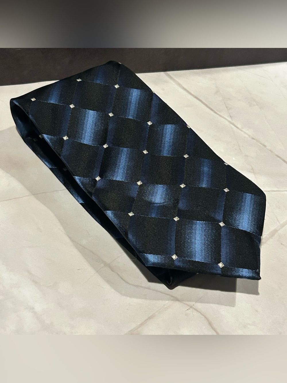 Martin Wong Men's Blue and Black Checker Satin 66” Silk Tie with Diamond Dots